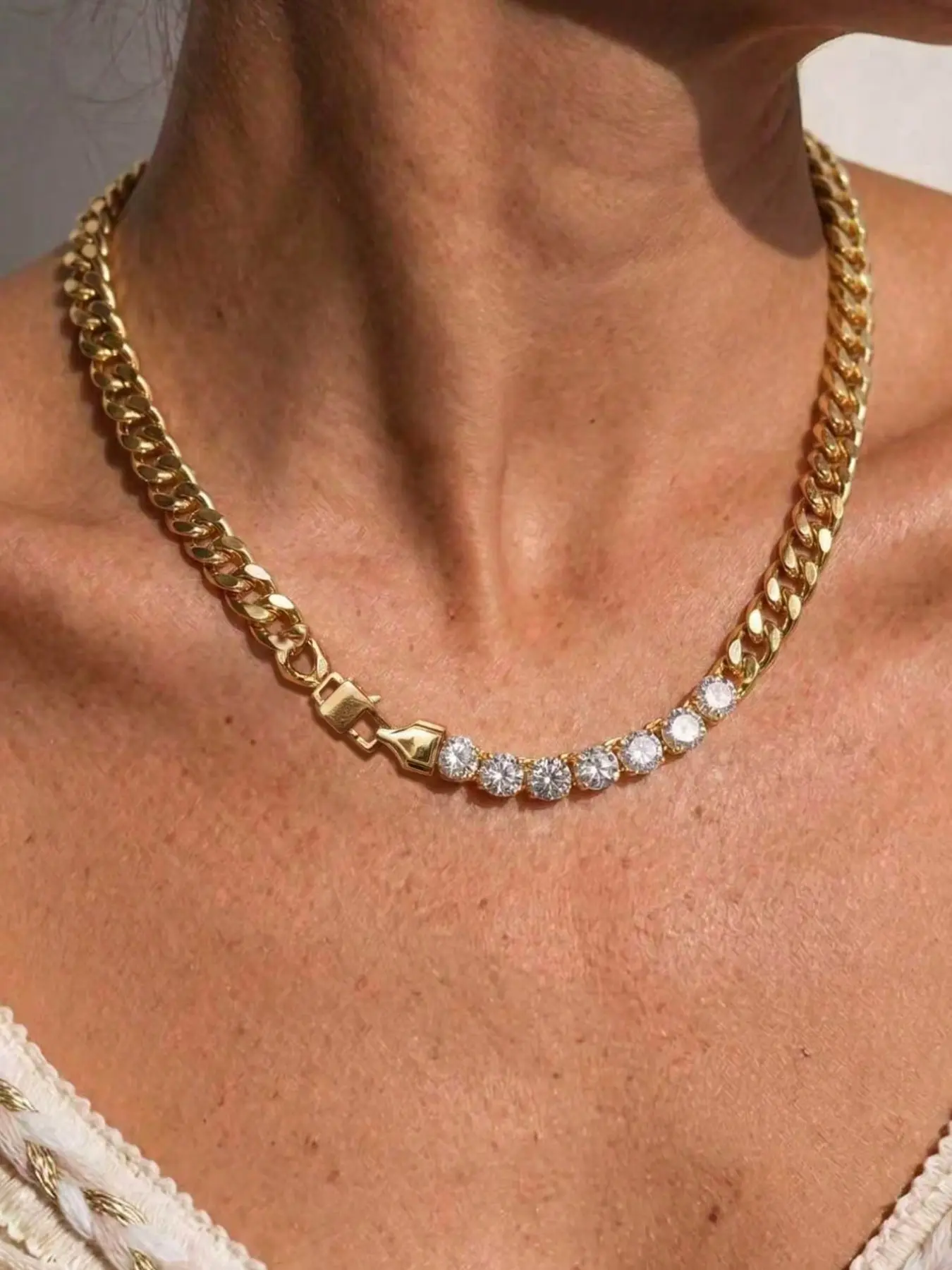 1pc 18k Plated Stainless Steel Rhinestone Choker Necklace, Hip Hop Cuban Style Chain Jewelry for Women, Trendy Daily Wear Fashion Accessory