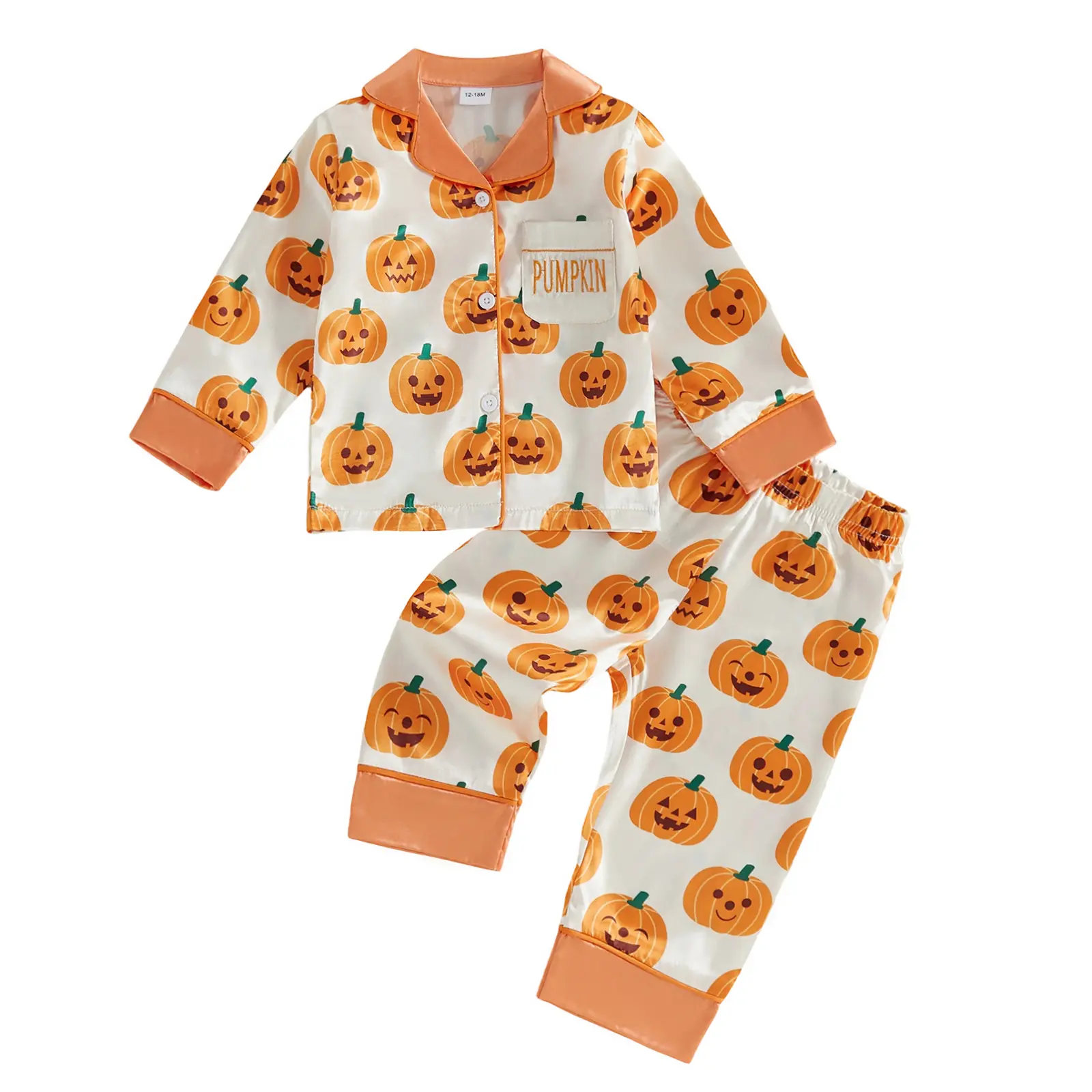 Babamoon Unisex Toddler Infant Polyester 2-Piece Halloween Set Pajamas, Pumpkin Print Long-Sleeve Button-Up Top & Pants Sleepwear, Long Sleeve Shirt