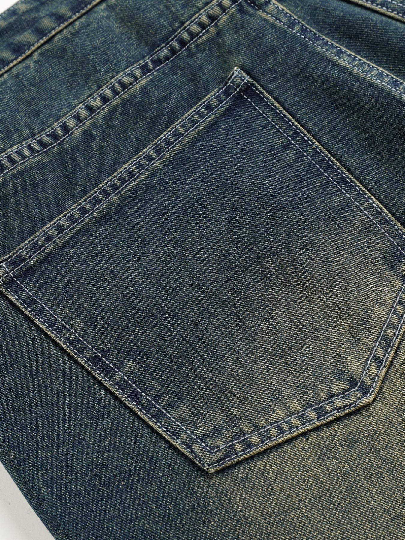 Men's Vintage Washed Denim Jeans Pocket, Simple Basic Casual Loose-Fit Style, American Trend Streetwear, Cotton Fabric, All Seasons Wear