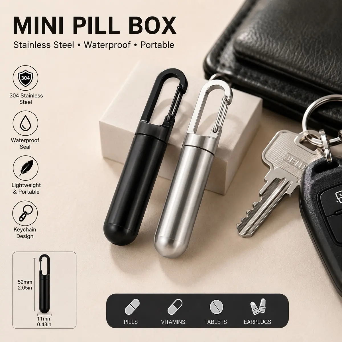 304 Stainless Steel Mini Pill Box Keychain, Key Holders, Waterproof Portable Medicine Holder, Airtight Pill Case for Travel, Vitamins, Tablets & Capsules