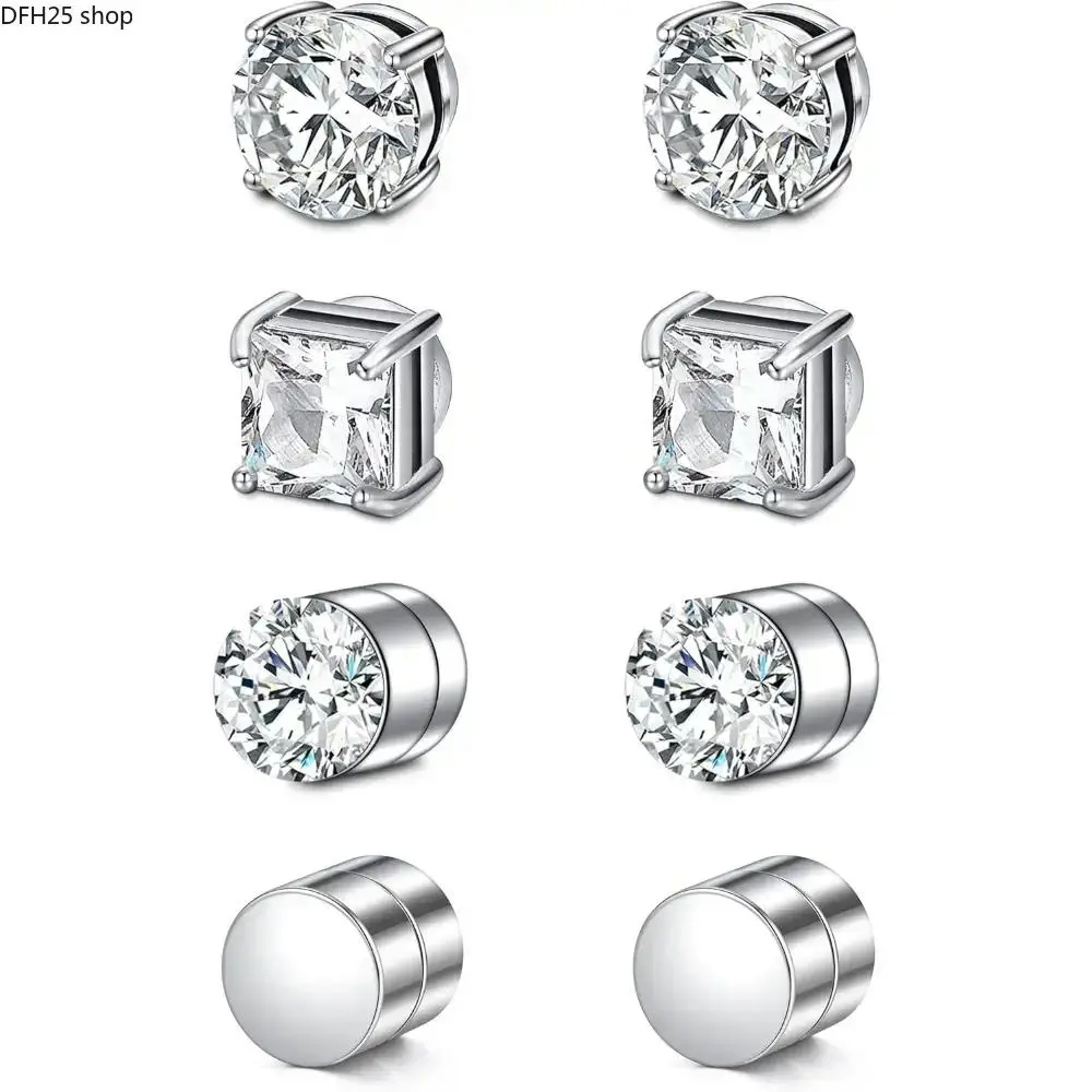Cubic Zirconia Stud Earring Set for Women and Men, Silver Tone Ear Jewelry with Sparkling Design for Daily Wear and Styling