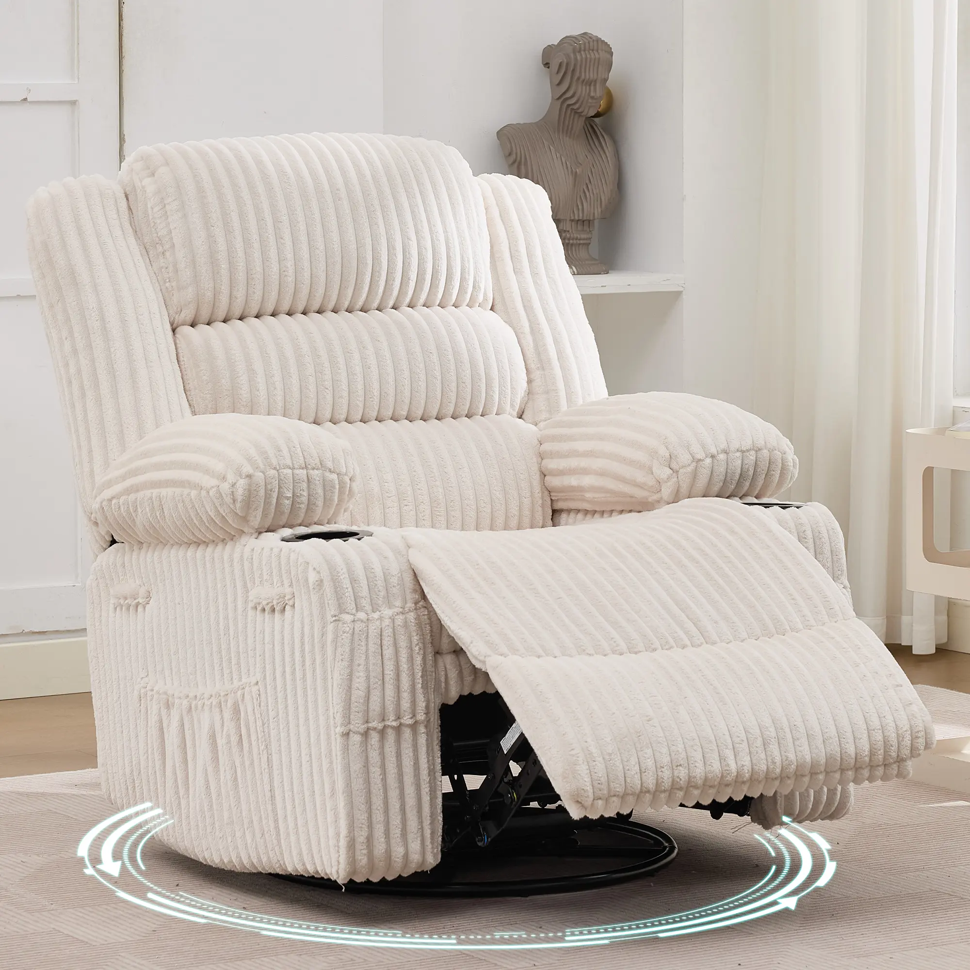 Corduroy Rocking Recliner Chair for Living Room – 360° Swivel Glider Chair with Side Pockets & Cup Holder, Upholstered Single Sofa for Small Spaces, Home Office, Nursery