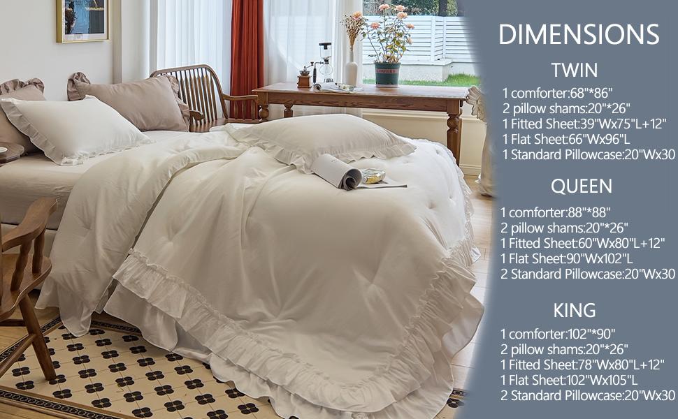 Taupe Comforters Queen Size Set, Vintage Boho Chic Farmhouse Bedding Sets Shabby Ruffle Queen Bed Comforter Bedding 3PCS(1 Comforter and 2 Pillowcases)