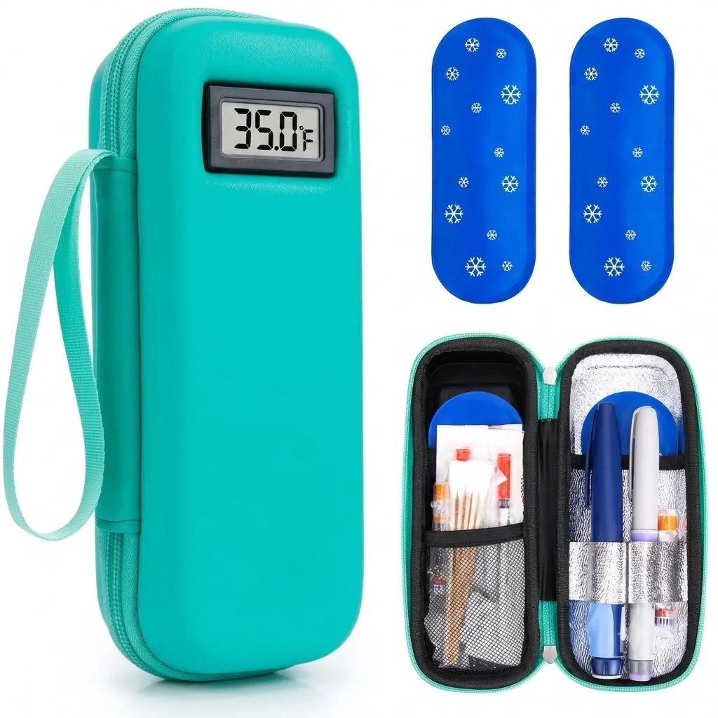 Temperature Display Insulin Cooler Travel Case - Refrigerated Medicine Cooling Bag, Includes 2 TSA Approved Ice Packs, Diabetic Supplies Organizer