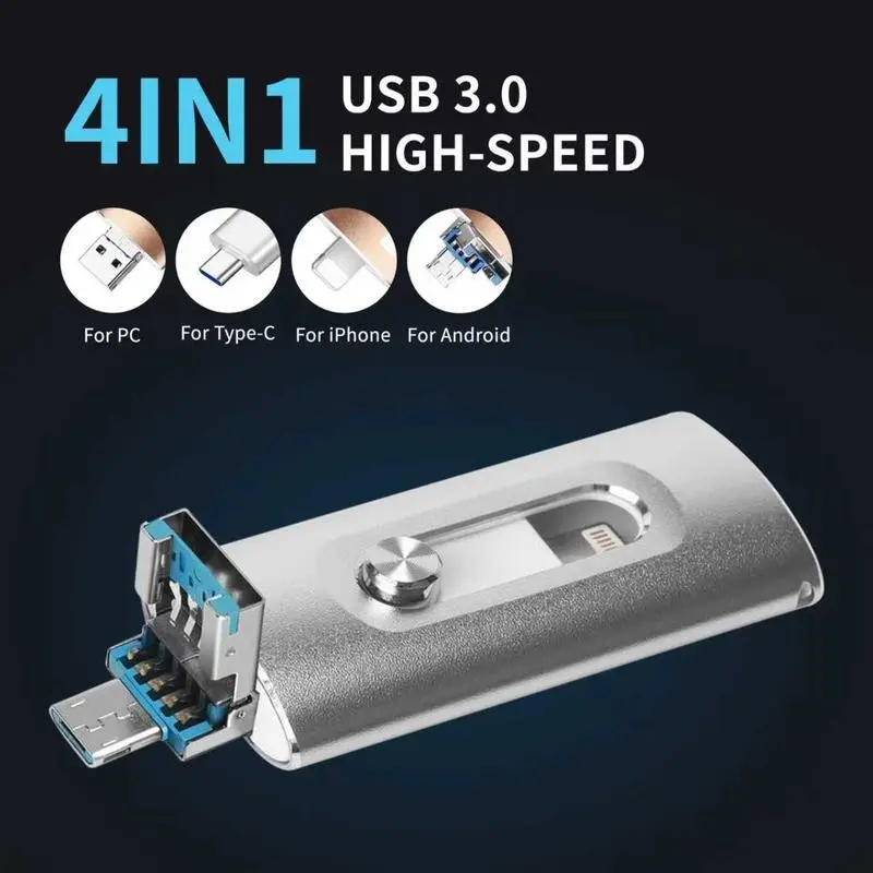 4-in-1 High-Speed USB 3.0 Flash Drive Compatible with iPhone & Type-C & Android & PC, Portable External Drive iPhone Photo Stick Memory Stick Thumb Drive PenDrive Memoria Portátil, Plug and Play with App, 64GB 128GB 256GB 512GB 1TB