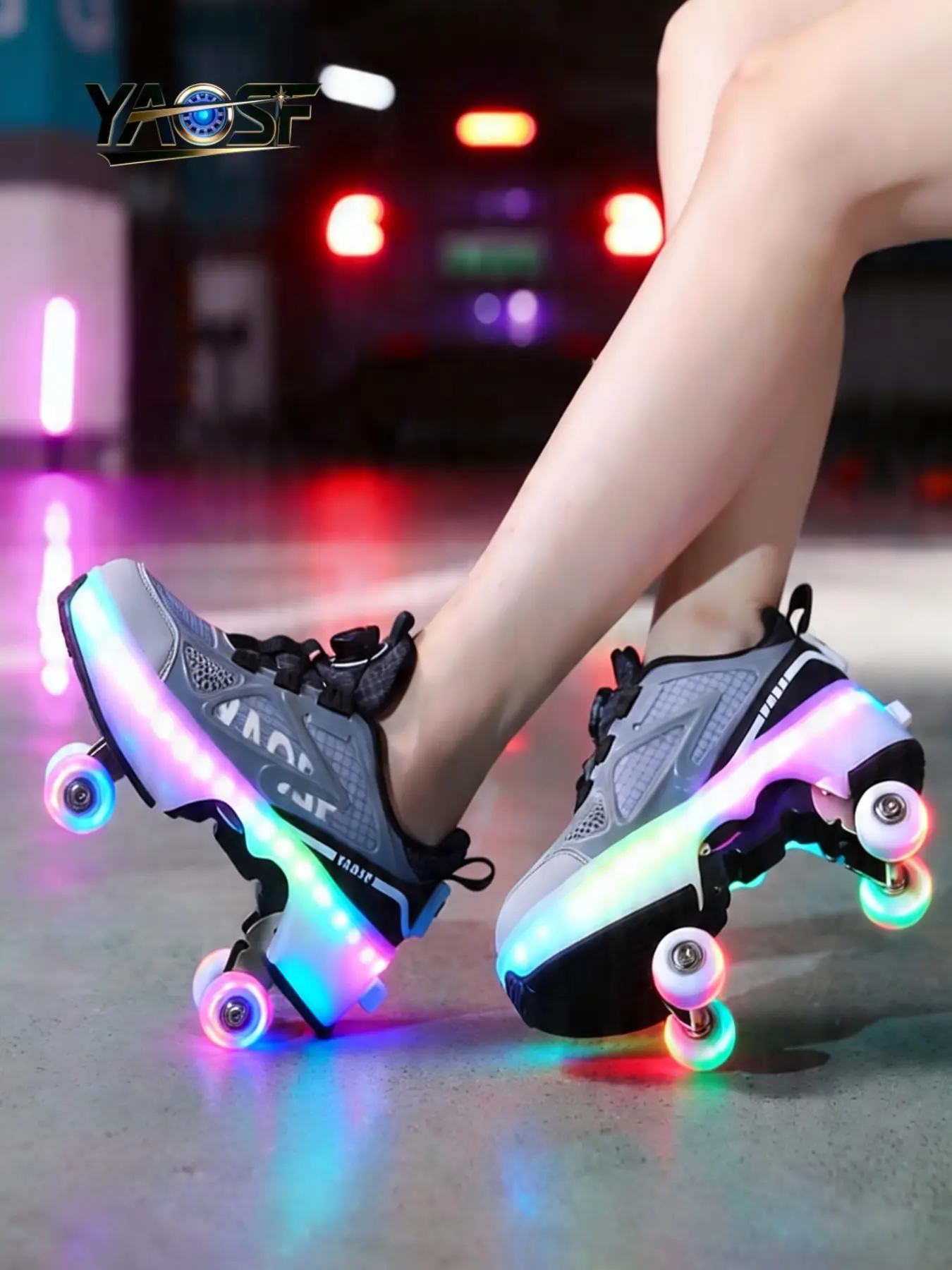Kids Quad Heelys with Glowing Wheels, Breathable Outdoor Roller Skates for Boys & Girls, Multiple Light-Up Shoe Modes