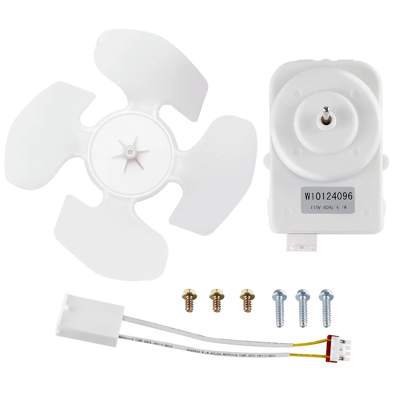 The company produces the W10124096 refrigerator condenser fan motor - suitable for Whirlpool refrigerator fan motors - EAP1957416 AP4318657 PS1957416 W10124096VP W10130108 - includes fan blades, wiring harness, and hardware