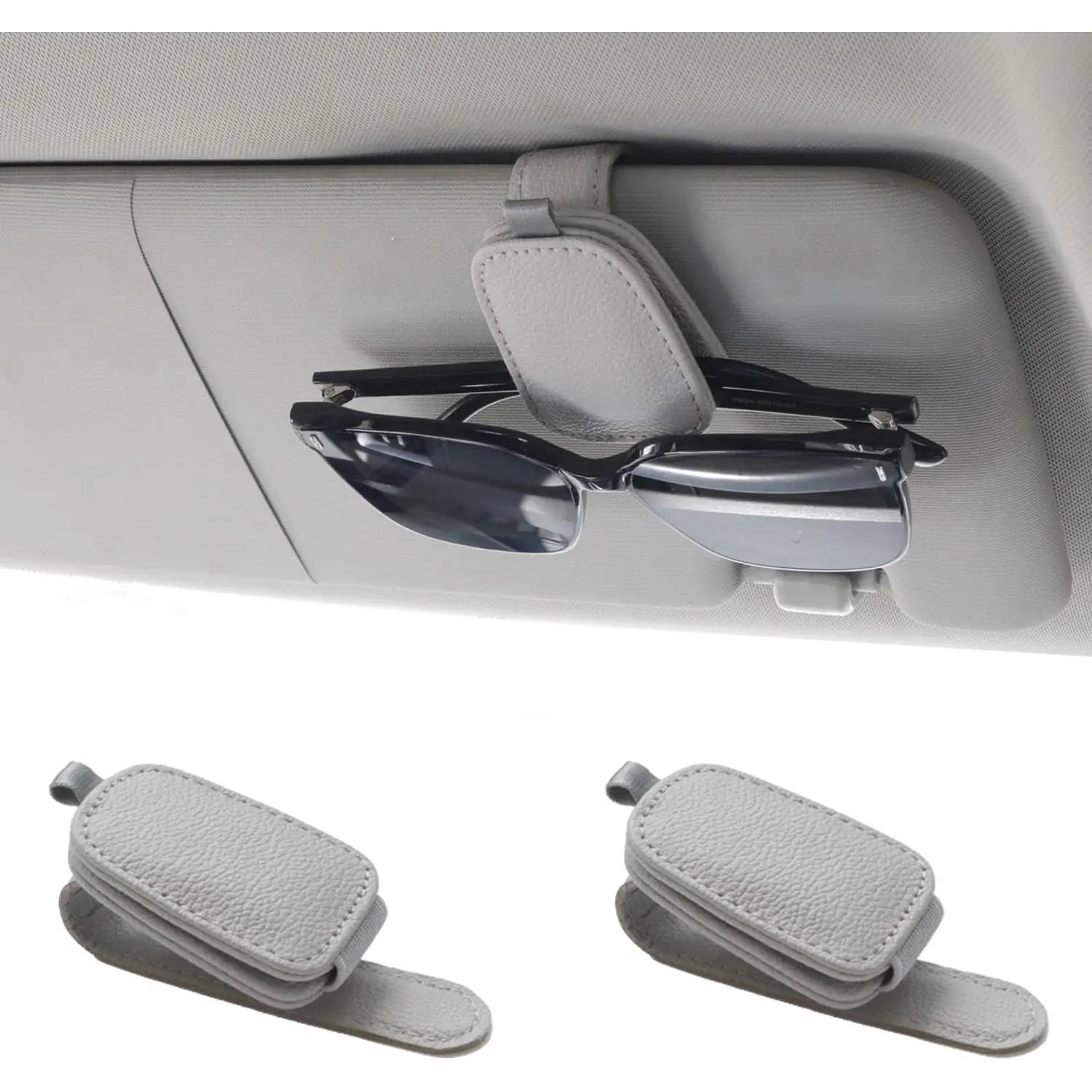 Leather Cover Car Visor Sunglass Holder - Clip-On, Elastic End, Glasses Secure Magnetic Ticket Card Clip, All Cars Accessory, 1 Pack (Silver Grey), Magnetic Hold