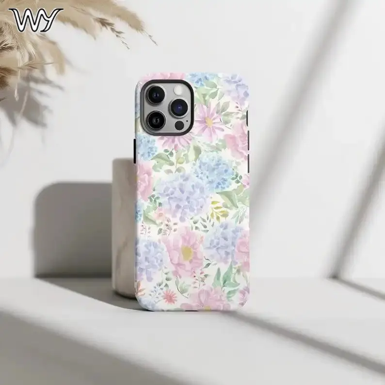 Personalized Watercolor Spring Flower Smartphone Case, Tough Hydrangea Casing, Protective Mobile Phone Accessory, Spring Gift for Her, Compatible with iPhone 11/12/13/14/15/16/17 Pro-ProMax-Plus-Air, Flowers, Cute Girly Gifts