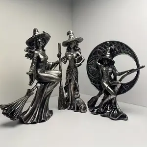 Antique Silver Resin Witch Statue Set, Gothic Moon Cat Wizard Miniature, Wicca Altar Decor, Celtic Pentagram Crescent Sculpture, Halloween Mystery Home Desk Ornament Gift