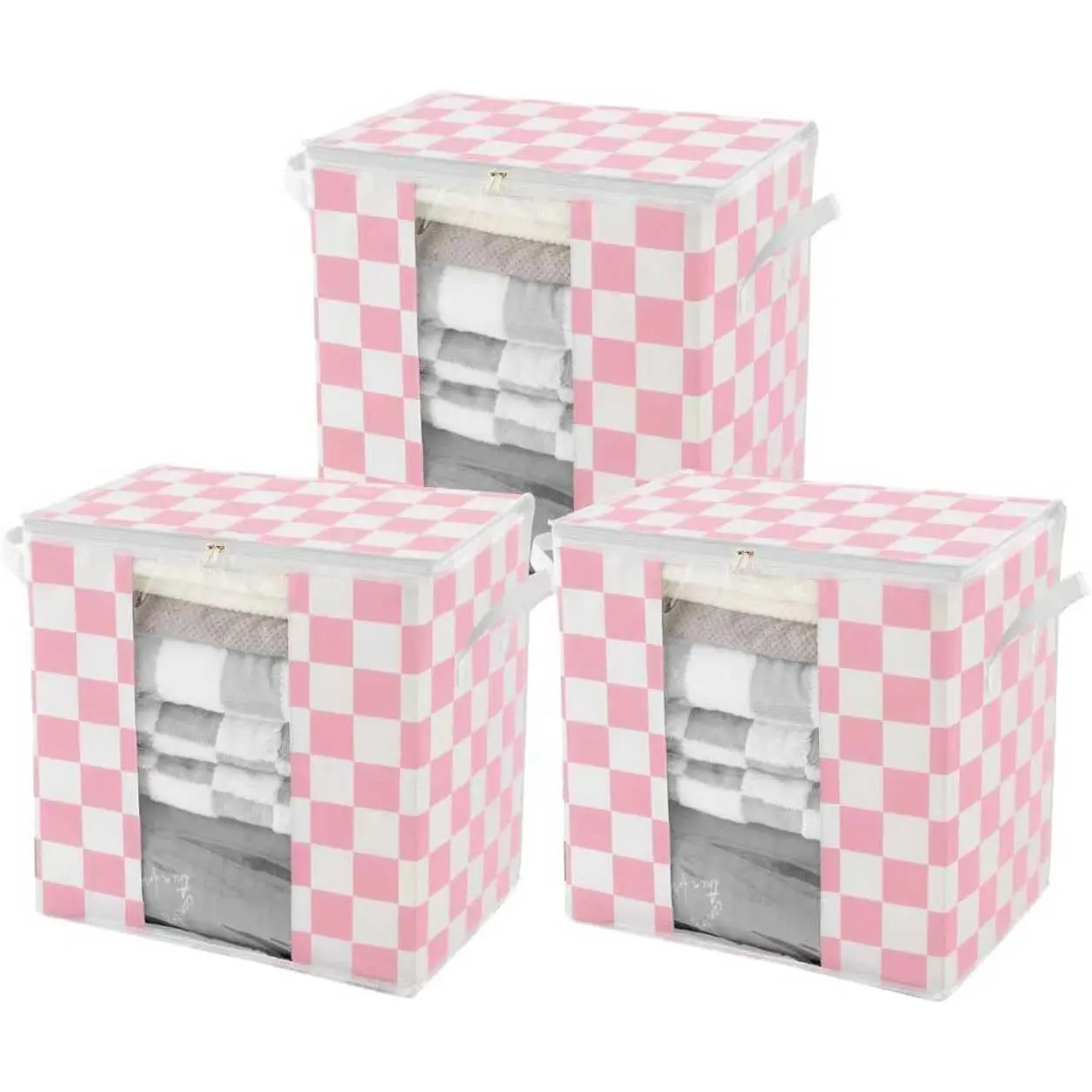 Ohocut Pink Checkered Clothes Storage Bins, 100L Large Blanket Storage Bags 3 Pack, Closet Organizers and Storage Containers for Comforters, Bedding, Foldable Organizer with Handle