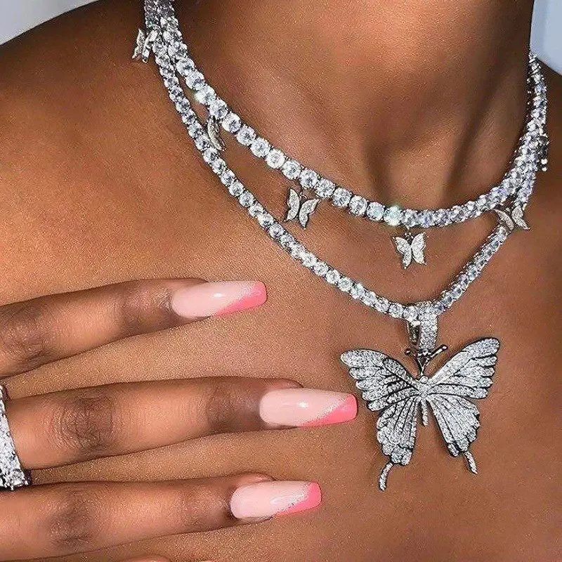 Cuban Butterfly Necklace European and American Fashion Rhinestone Butterfly Pendant Necklace Hip-Hop Jewelry Tennis Choker Women's Necklace Fashion Accessory season chain