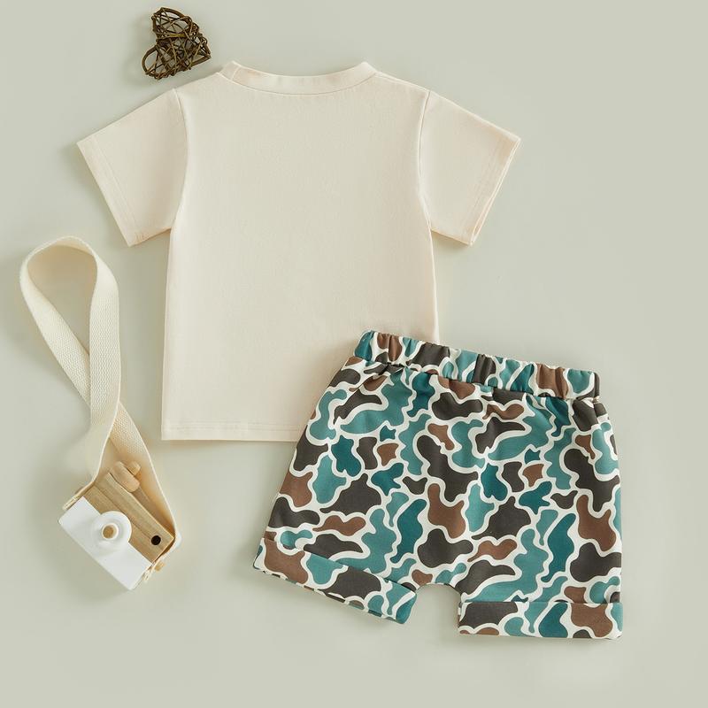 Kids Boys Shorts Set, Short Sleeve Rabbit Print T-shirt with Camouflage Shorts Easter Clothes Summer Outfit