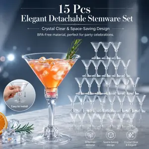 15-Pcs Detachable BPA-Free Martini Glass Set | Drinking Glasses Set, Crystal Clear, Space-Saving Plastic Cocktail Glasses for Parties, Weddings & Outdoor Events