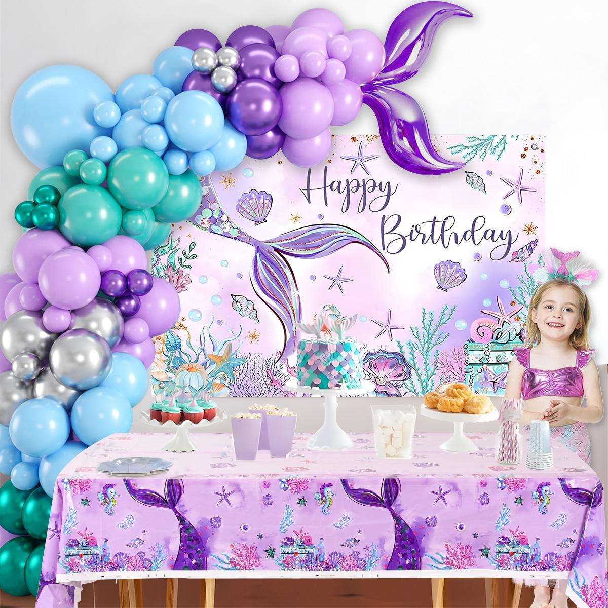 Mermaid Balloon Tablecloth Backdrop Set,109pcs Purple Shell Foil Balloon Mermaid Tail Birthday Decor ,Girls Mermaid Birthday Latex Balloon Decoration birthday party