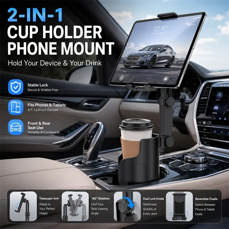 NEWTwo-In-One Car Cup Holder Phone Tablet Stand, Adjustable Height 360° Rotating Phone Mount, Universal Cup Holder Extender for IPhone Samsung IPad, Phone Holders For Your Car Cupholder