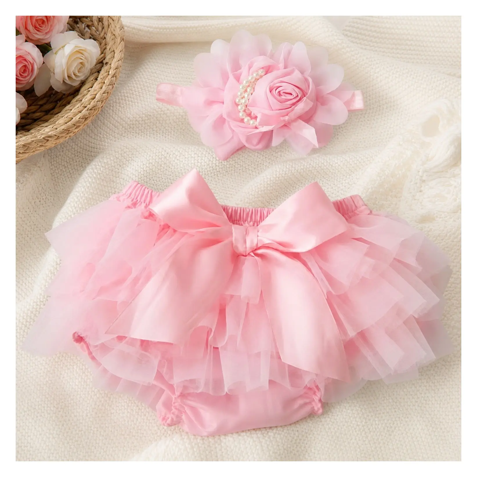 Baby Girl Pink Tutu Skirt with Diaper Cover and 2 Headbands - Soft & Fluffy Infant Tutu Outfit Set for GirlsGift