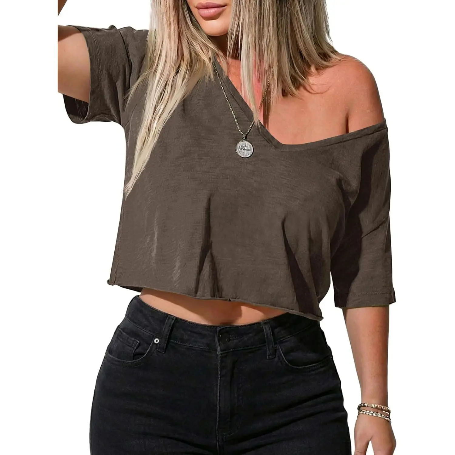 Womens Off Shoulder Crop Top Summer Casual Sexy Deep V Neck T Shirts Short Sleeve Loose Fit Basic Tees