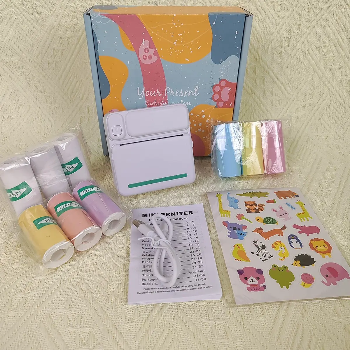 Portable Mini Printer, Inkless Thermal Label Printer with 9 Rolls Paper, Ideal for Photos, DIY, Notes, Gifts, Compact Design