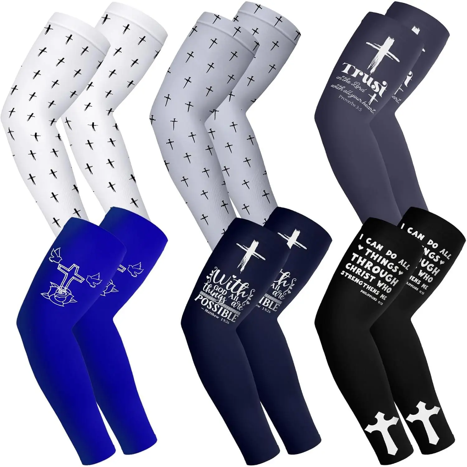6-Pair Faith Cross Cooling Arm Sleeves for Youth - Breathable Fabric, Snug Elastic, Faith Motivation Sports Accessory for Basketball, Workouts