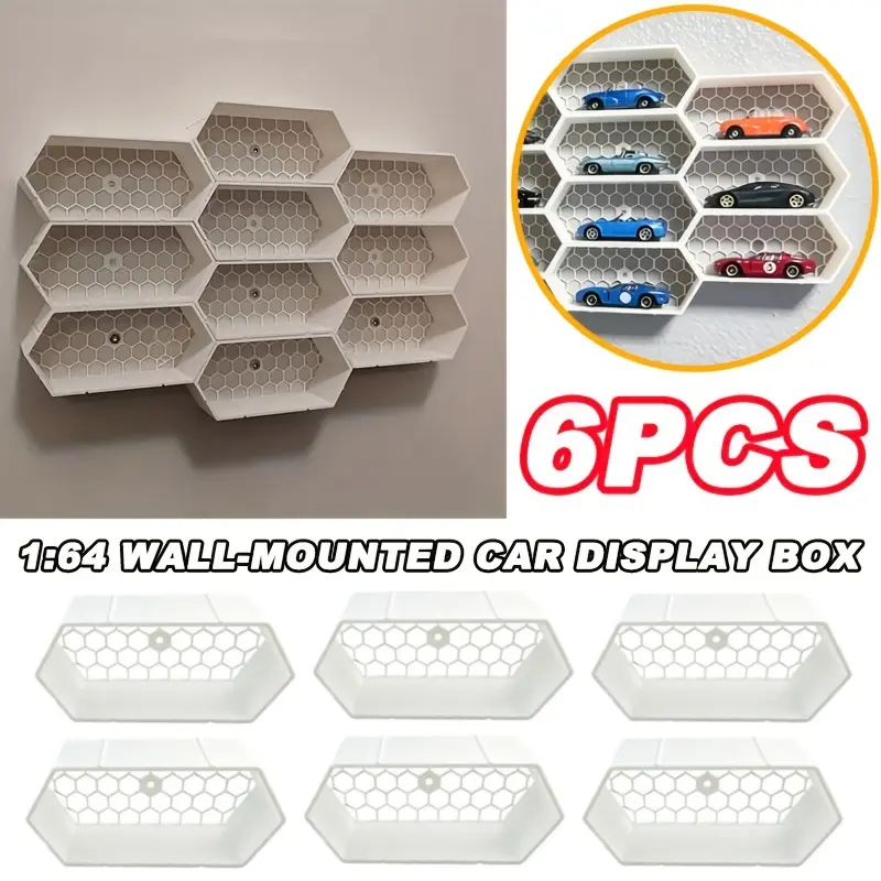 6pcs Wall-Mounted 1:64 Hexagonal Car Display Boxes, Stackable Heavy-Duty Model Storage Rack, Organiser, Multi-Level Space-Saving Car, Remote Control Car And Toy Collection Boxes