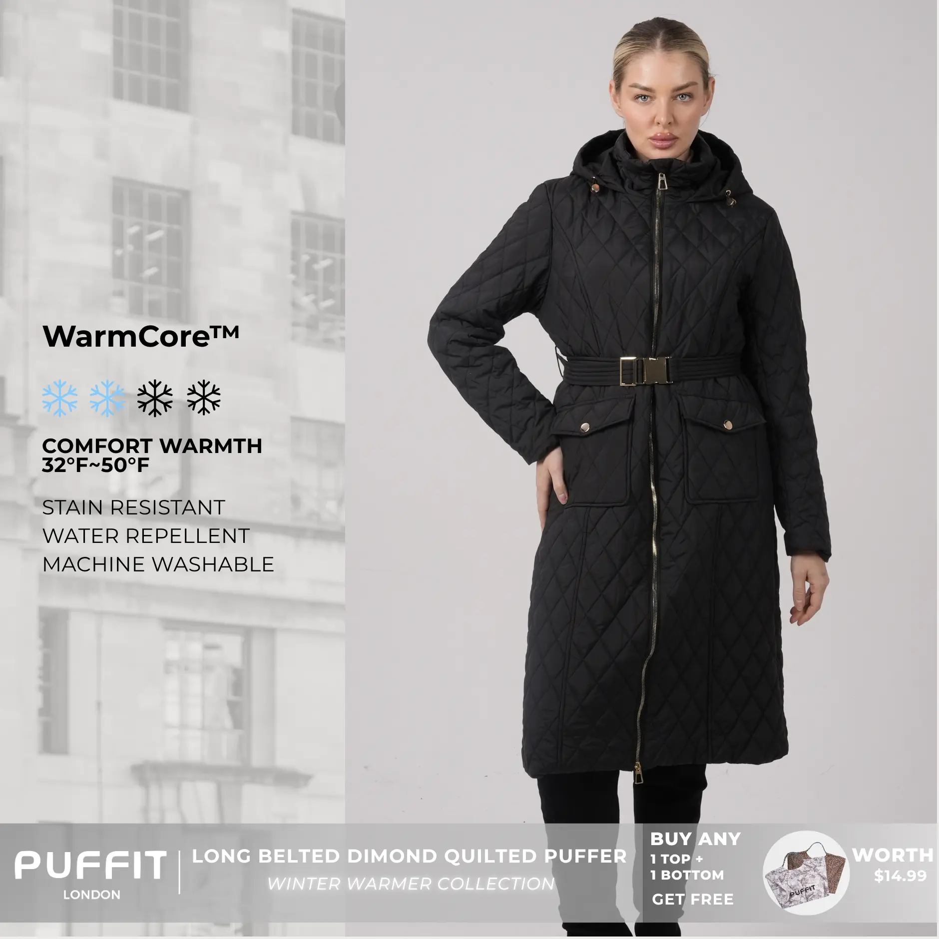 PUFFIT WarmCore Premium Long Dimond Quilted Puffer With Adjustable Belt,Lightweight Diamond Pattern,Warm and Elegant,Adjustable Waist,Effortless Style,Versatile Elegance for Commuting