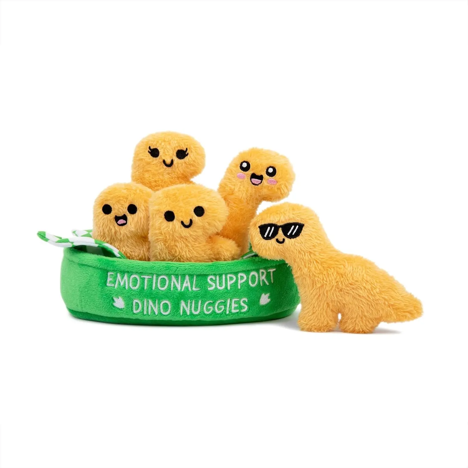 Emotional Support Dino Nuggies, Cuddly Stuffed Animals and Dinosaur Toys, Back to School Gift Ideas and Desk Accessories for All Ages, Includes 5 Dinosaur Plushies with Carrying Basket