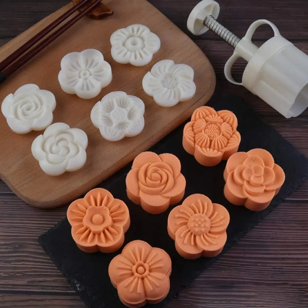 6 Pcs 75g Adjustable Thickness Moon Cake Mold Set, Mid Autumn Festival DIY Hand Press Cookie Stamp Cutter Dessert Pastry Decoration Baking Tool