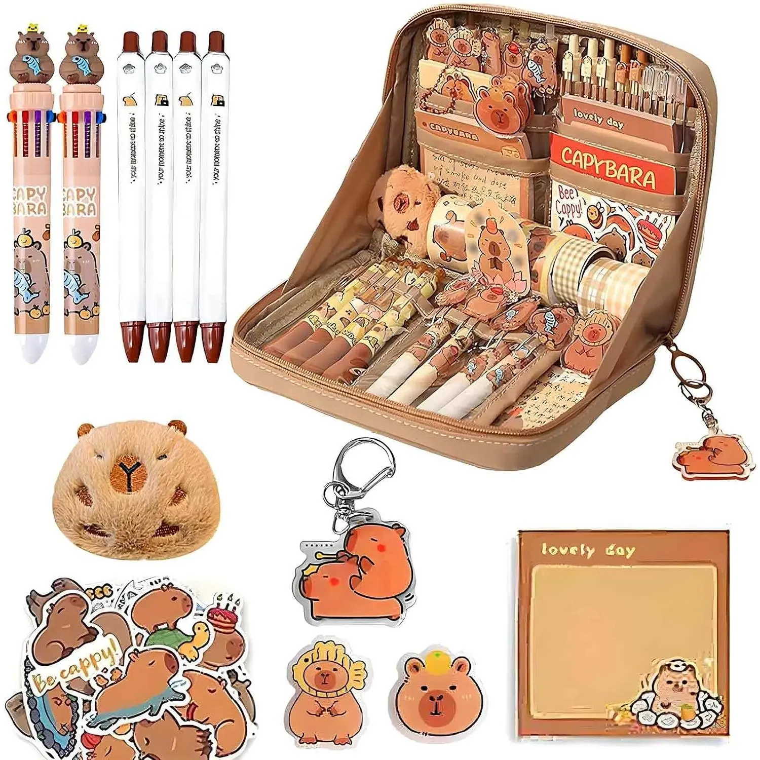 Cute Capybara Pencil Case with 12 Compartments, Capybara Stationery Set