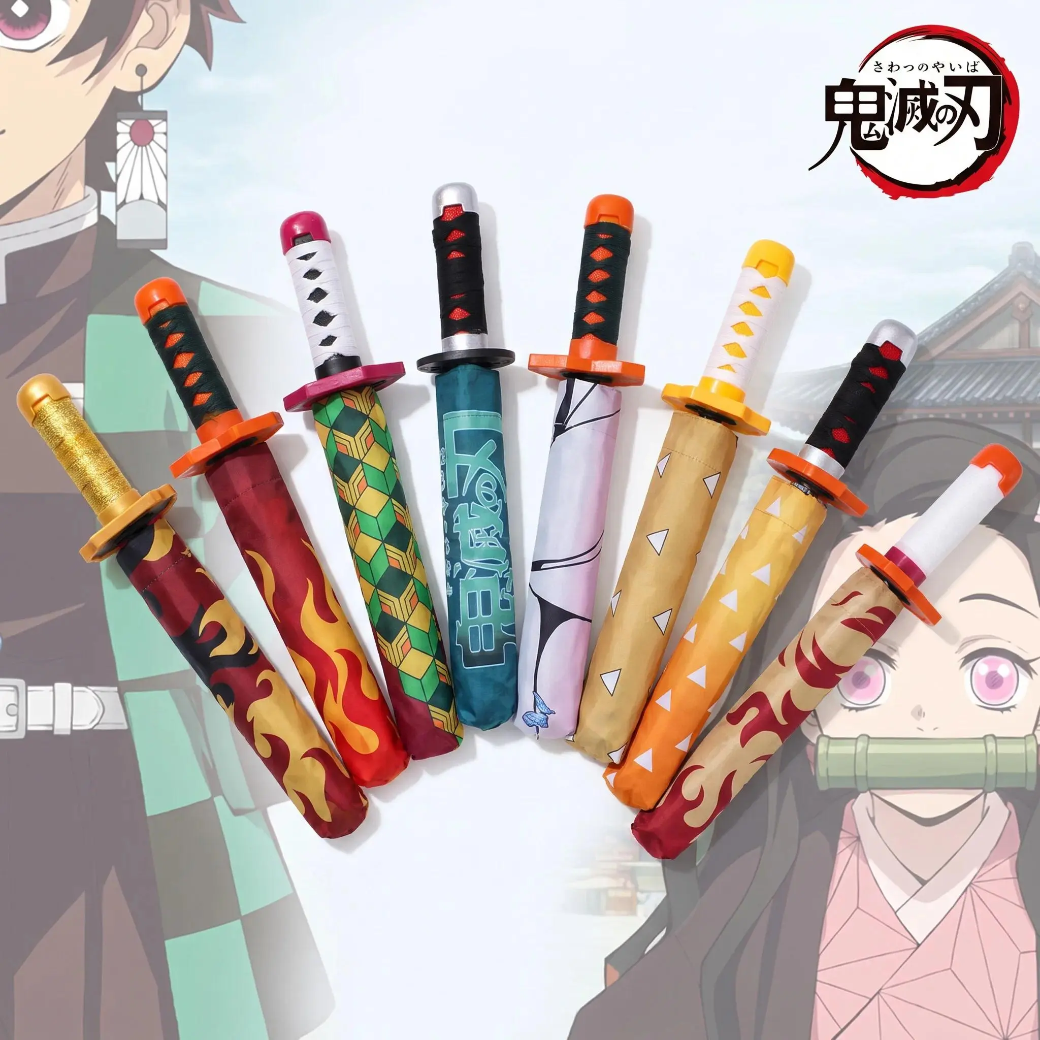 Demon Slayer Folding Katana Umbrella Tanjirou Zenitsu Anime UV Parasol Rain Gear Samurai Style Cosplay Display Photo Prop Decor Gag Toys & Practical Jokes