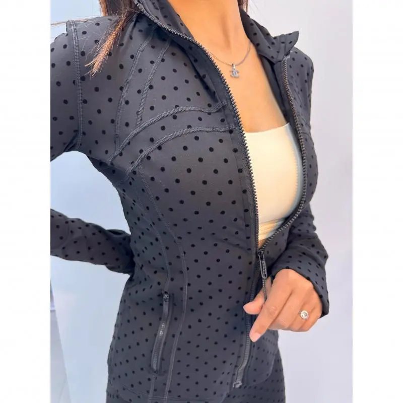 Women's 2026 4-Season Polka Dot Slim-Fit Mock Neck Quick-Dry Black Sports Outerwear with Embossed & Flocking Technology