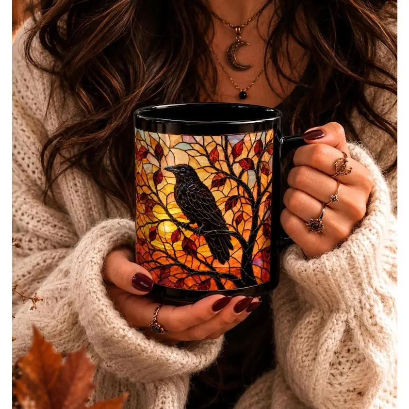Raven Stained Glass Mug, Witchy Gothic Coffee Cup, Autumn Crow Mug, Dark Academia Mug, Raven Lover Gift