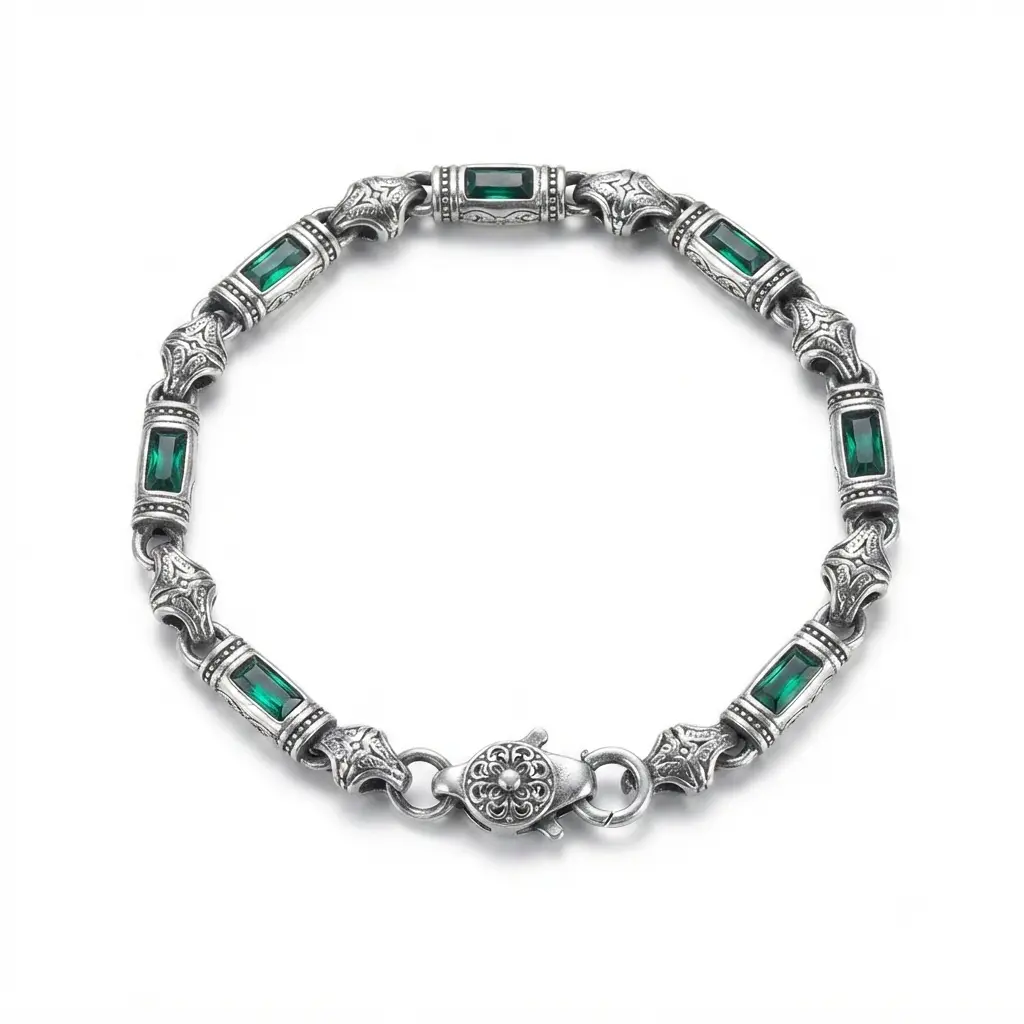 925 Silver Emerald Link Chain Bracelet with Gemstones & Antique Textures - Indie Aesthetic Look, Dark Academia Chic Gift for Bestie, Suitable for Everyday Wear