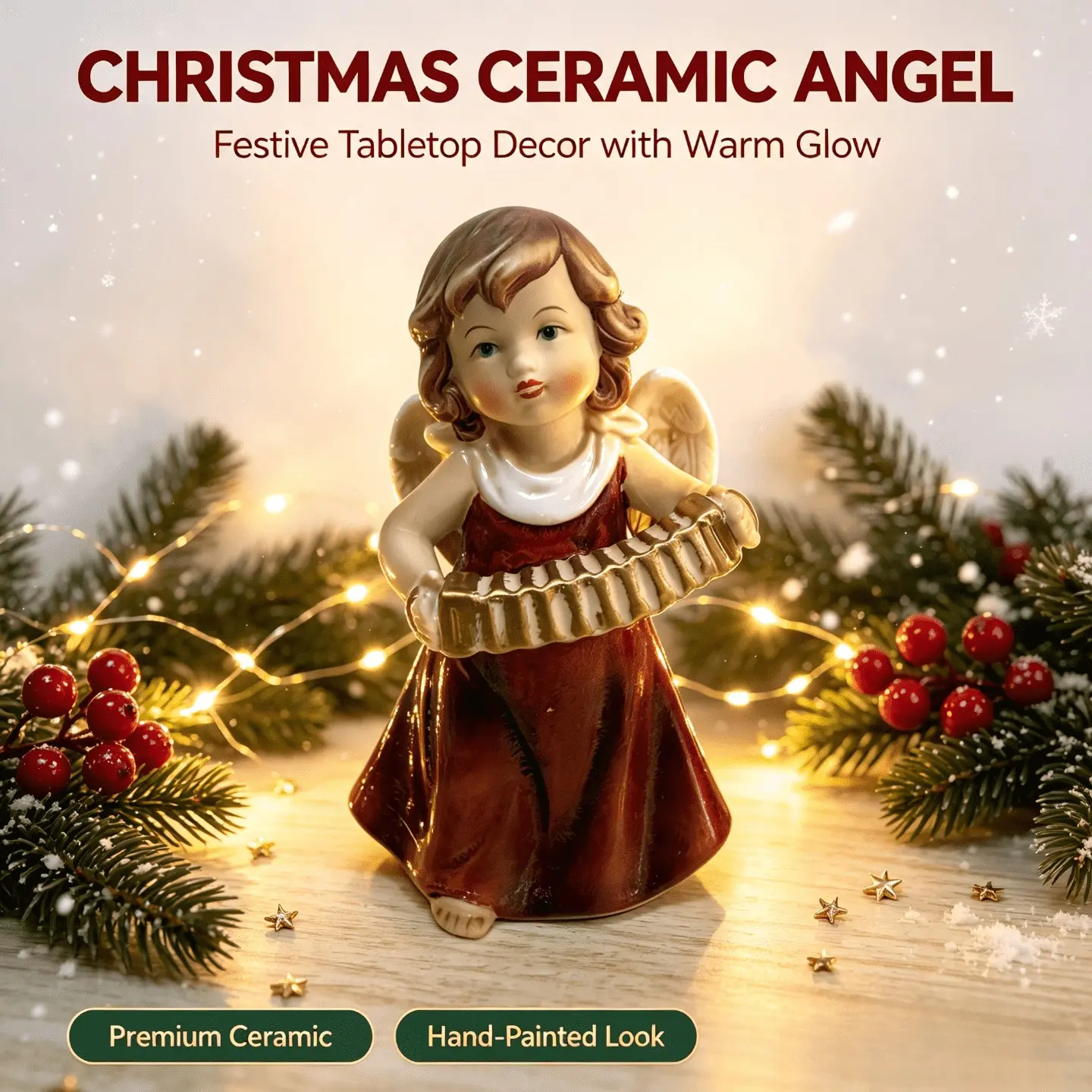 Exquisite Hand‑Painted Ceramic Cherub Angel Figurine Playing Golden Accordion, Vintage Porcelain Christmas Tabletop Statue Ornament, Warm Glow Festive Mantel Shelf Home Decor, Cozy Winter Holiday Desktop Centerpiece, Ideal Xmas Gift, Thanksgiving New Year