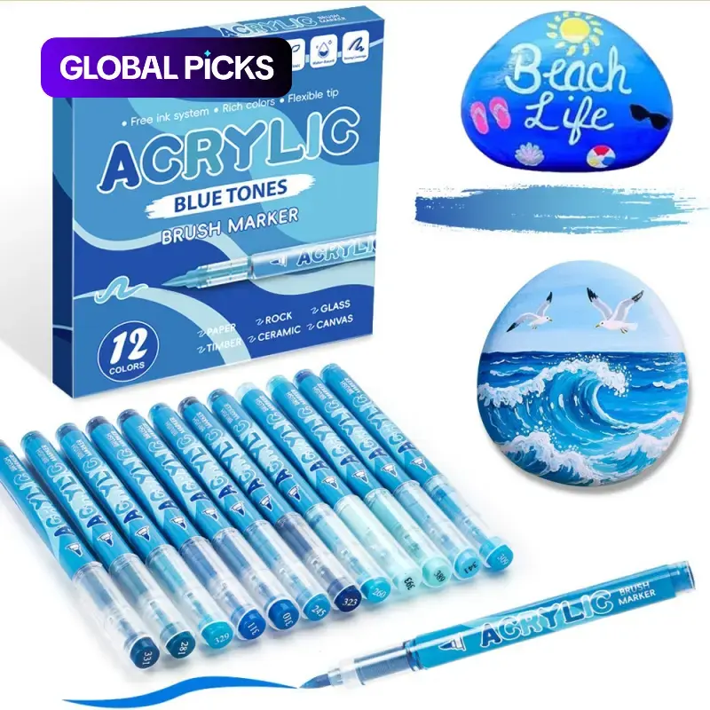12-Pack Acrylic Paint Markers, Soft Brush Tip, Quick-Drying Waterproof Ink, for Rock Painting, Wood, Canvas, Glass, Ceramic & Metal, Art Crafts, Painting Supplies, Christmas Gift, Acrylic Marker Set #GLOBAL PICKS