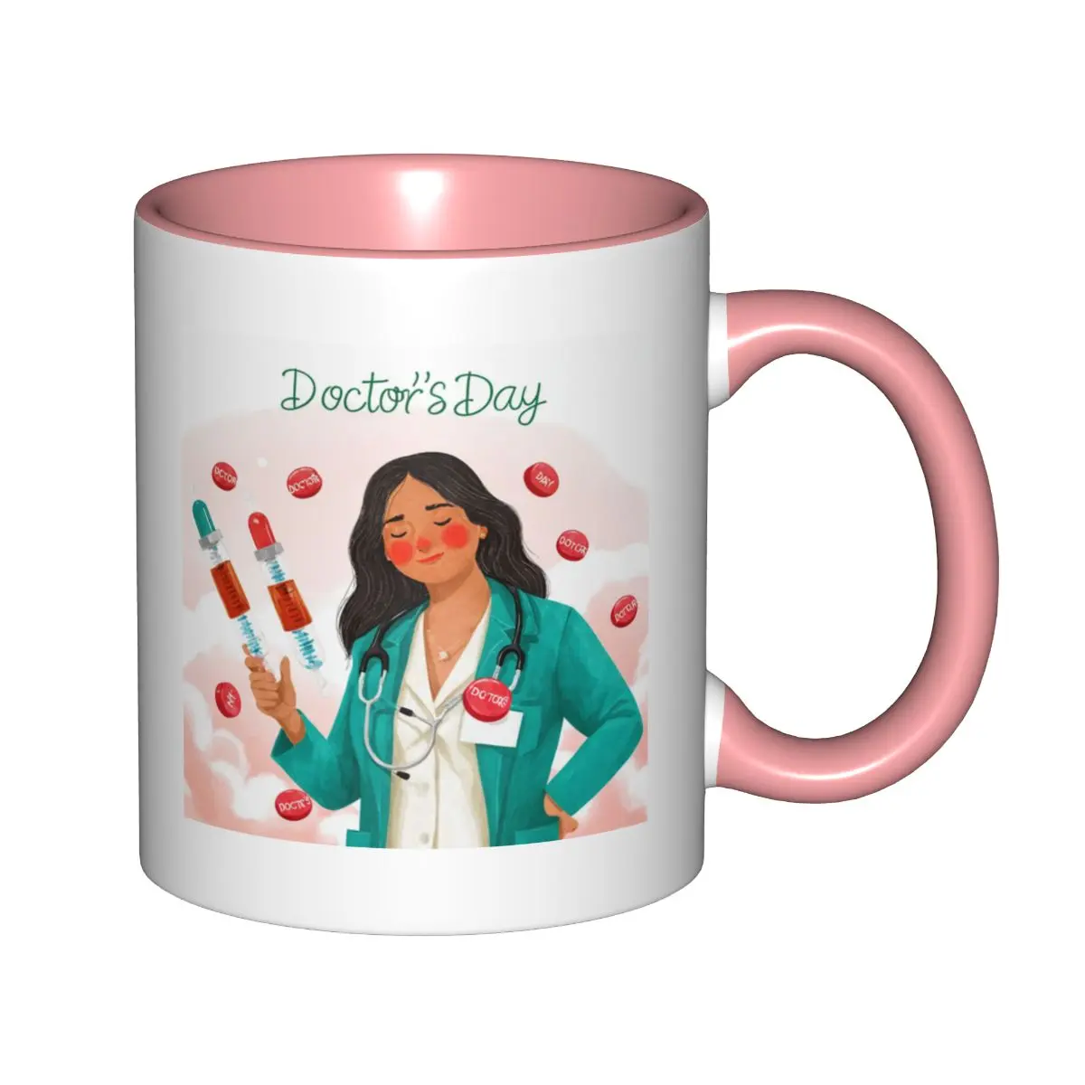 11oz Ceramic Doctor Day Couple Mug   Heat-Safe Printed Mugs with Curved Handle, Green Scrubs Graphic, Pink & Black Inner Cups, Medical Staff Thank You Gift, Modern