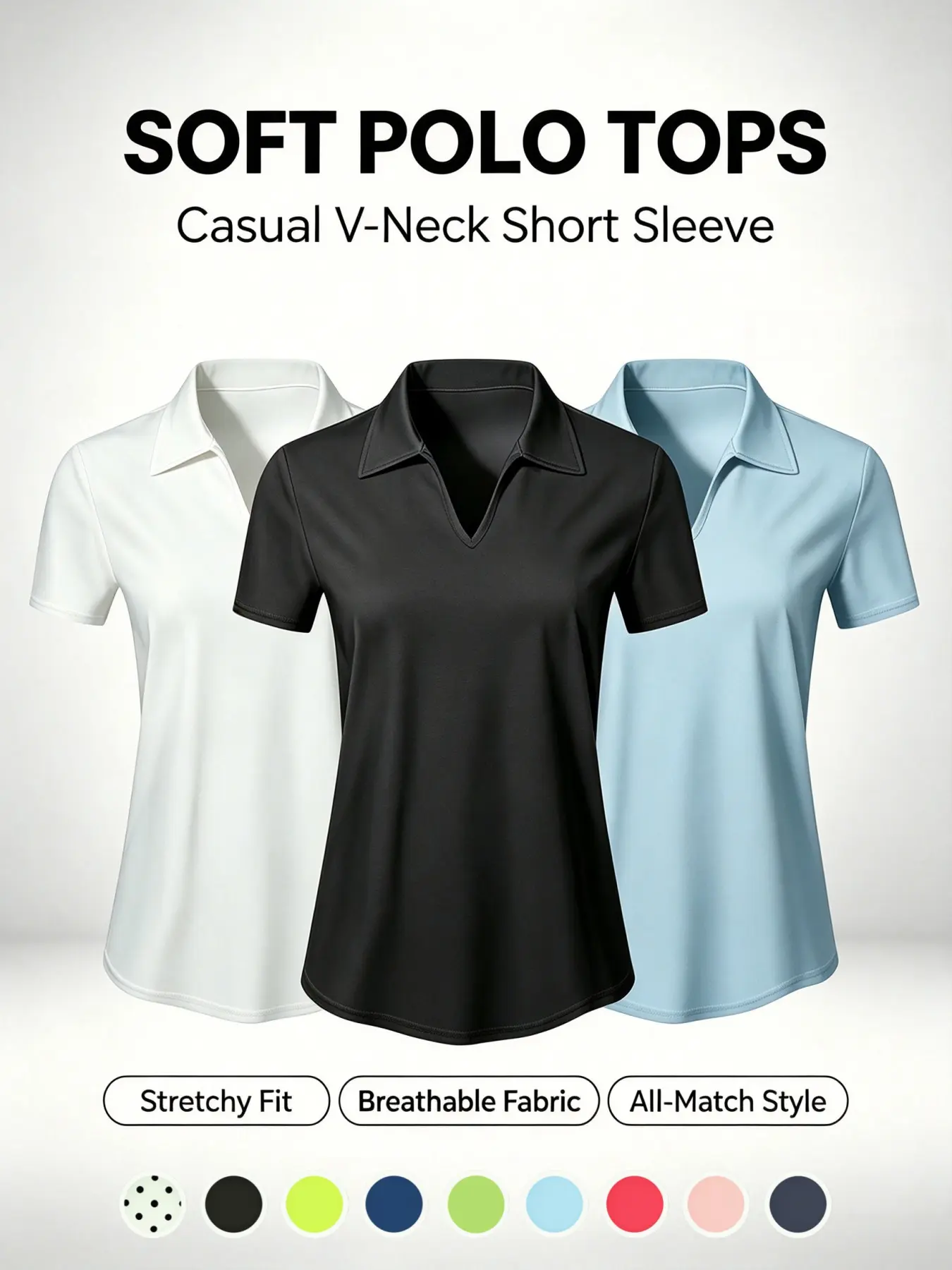 Women's Spring Summer Casual Sports Polo Shirt, Soft Stretch Breathable V Neck Top, Ideal for Tennis Fitness Running Hiking, Dry Fit Shirt