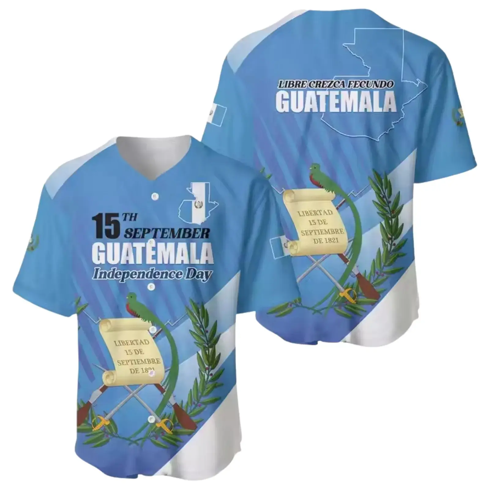 Guatemala Independence Day Baseball Jersey - 15th Sept Patriotic Pearl-Weave Breathable Fabric Button-Up, Unisex Tailored Cut, Balanced Elasticity, Multi-Size Gentle-Wash Gift for Guatemalan Pride (Libre Crezca Fecundo) for Team Events, Baseball Jacket