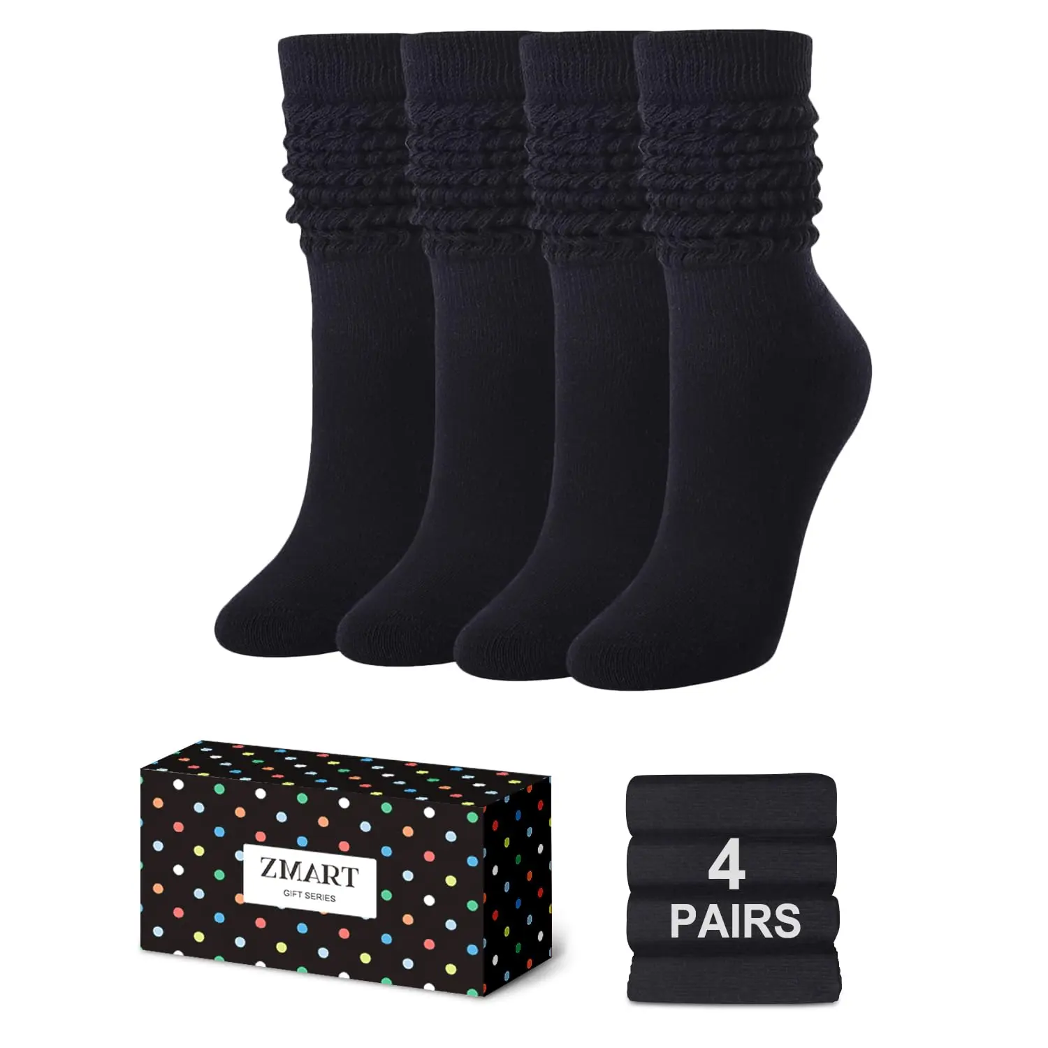 Zmart Novelty Slouch Socks for Women Girls, Slouchy Socks Scrunch Socks Women 80s Socks Gifts 90s Socks Gifts Cotton Long High Tube Boot Socks for Women Girls Black