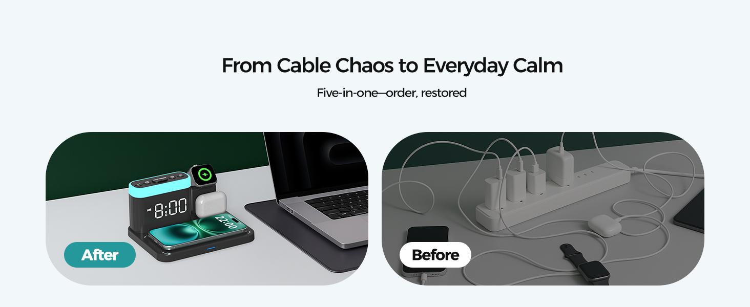 Wireless Charging Station,5 in 1 Multiple Charger Stand with Alarm Clock,7 Night Light,Mag-Safe Charging Dock for iPhone 17 16 15 14 13 12 Pro Max Plus,Apple Watch 11/10/9/8,for Airpods,Bedroom Wireless Charging Station,5 in 1 Multiple Charger Stand with Alarm Clock,7 Night Light,Mag-Safe Charging Dock for iPhone 17 16 15 14 13 12 Pro Max Plus,Apple Watch 11/10/9/8,for Airpods,Bedroom