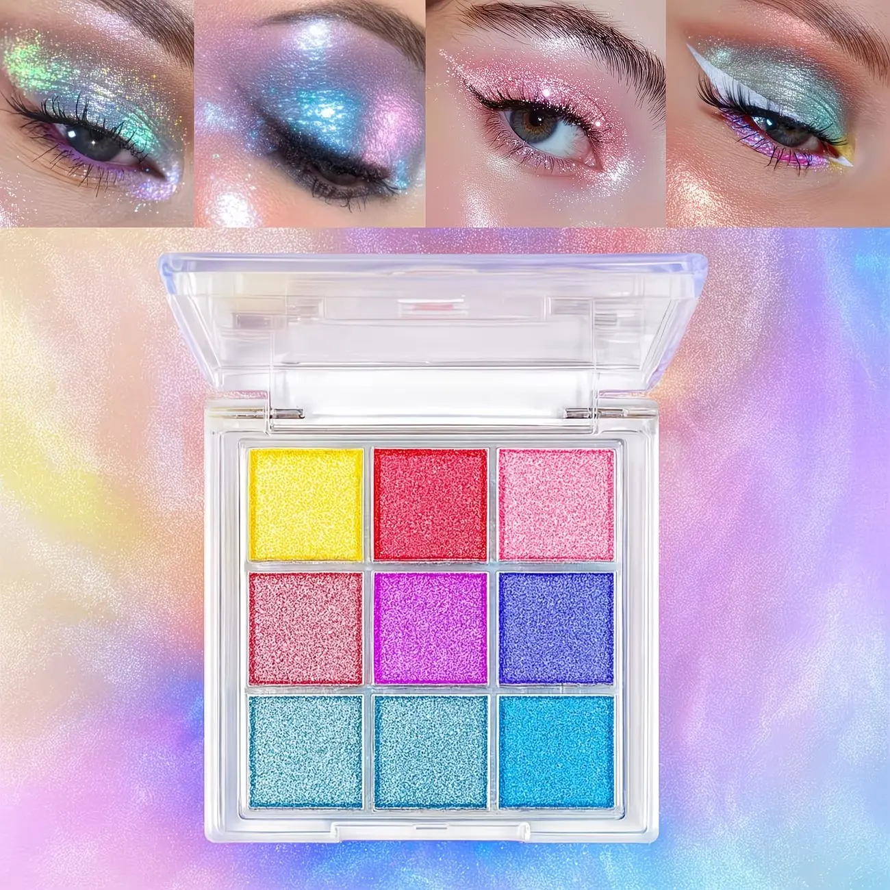 9-color holographic shimmering eyeshadow palette, highly pigmented rainbow eyeshadows, Glitter eyeshadow, highlighter, blush, brightens face and body skin, water and sweat resistant, perfect for everyday, party, Festival makeup