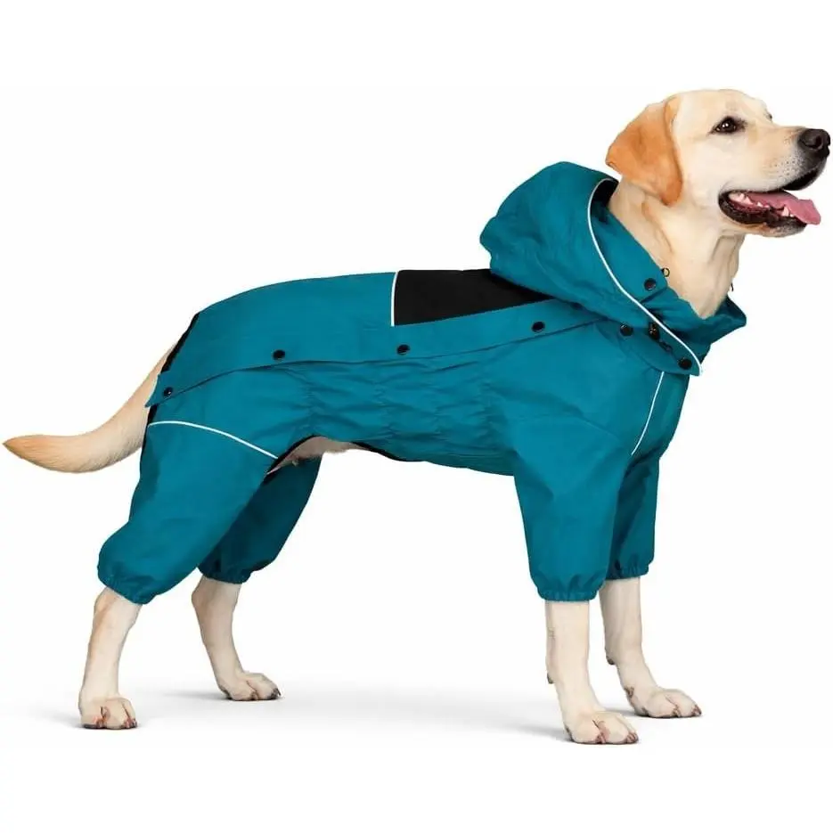 Ocean Teal XXL Waterproof Dog Raincoat with Removable Hood - Full Body Windproof Snowproof Shell Fabric Suit, Universal Fit All Season Pet Rain Gear