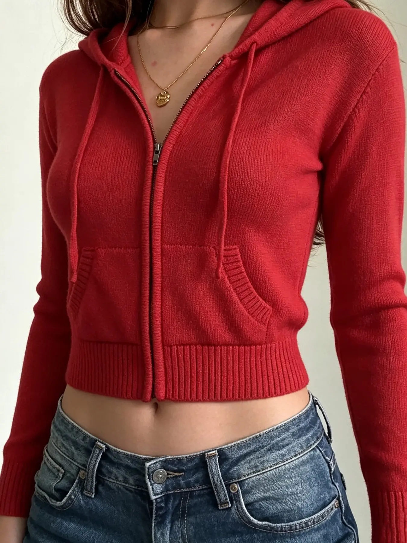 Solid Color Zipper Hooded Knitwear Jacket Y2K Long Sleeve Fall Winter Versatile Casual Pocket Sweater for Women