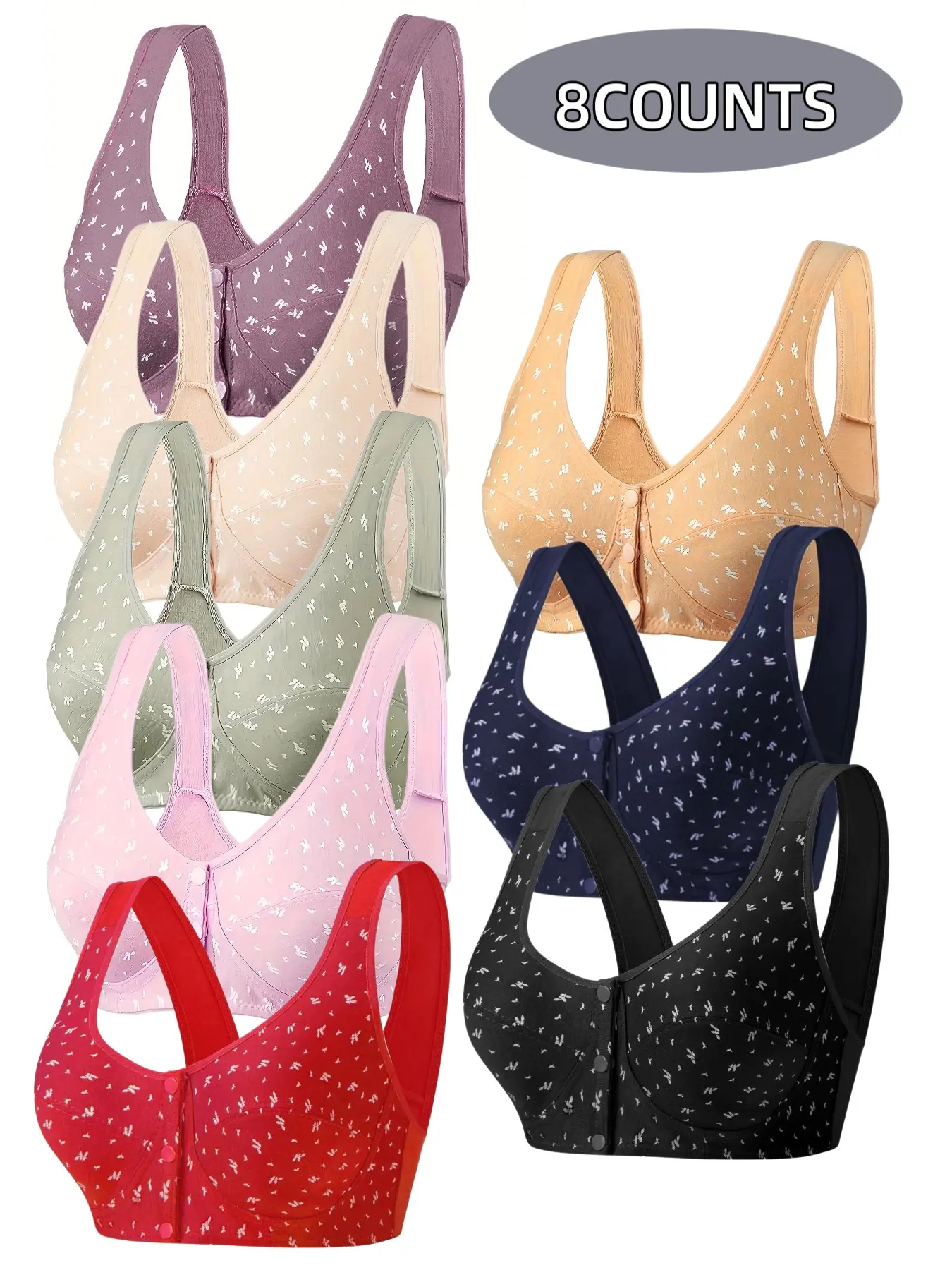 8-Pack Women's Wireless Front Buckle Push-Up Bras, Seamless Comfort Fit, Daily Wear Underwire-Free Bra, Breathable Soft Fabric, Full Day Support