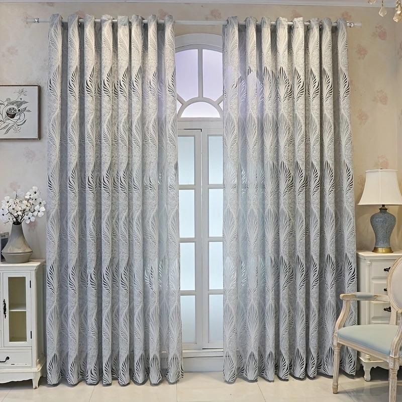 Vintage Leaf Pattern Hollow out Design Curtain, 1 Count Semi Blackout Decorative Curtain, Household Decoration Window Curtain for Living Room Bedroom