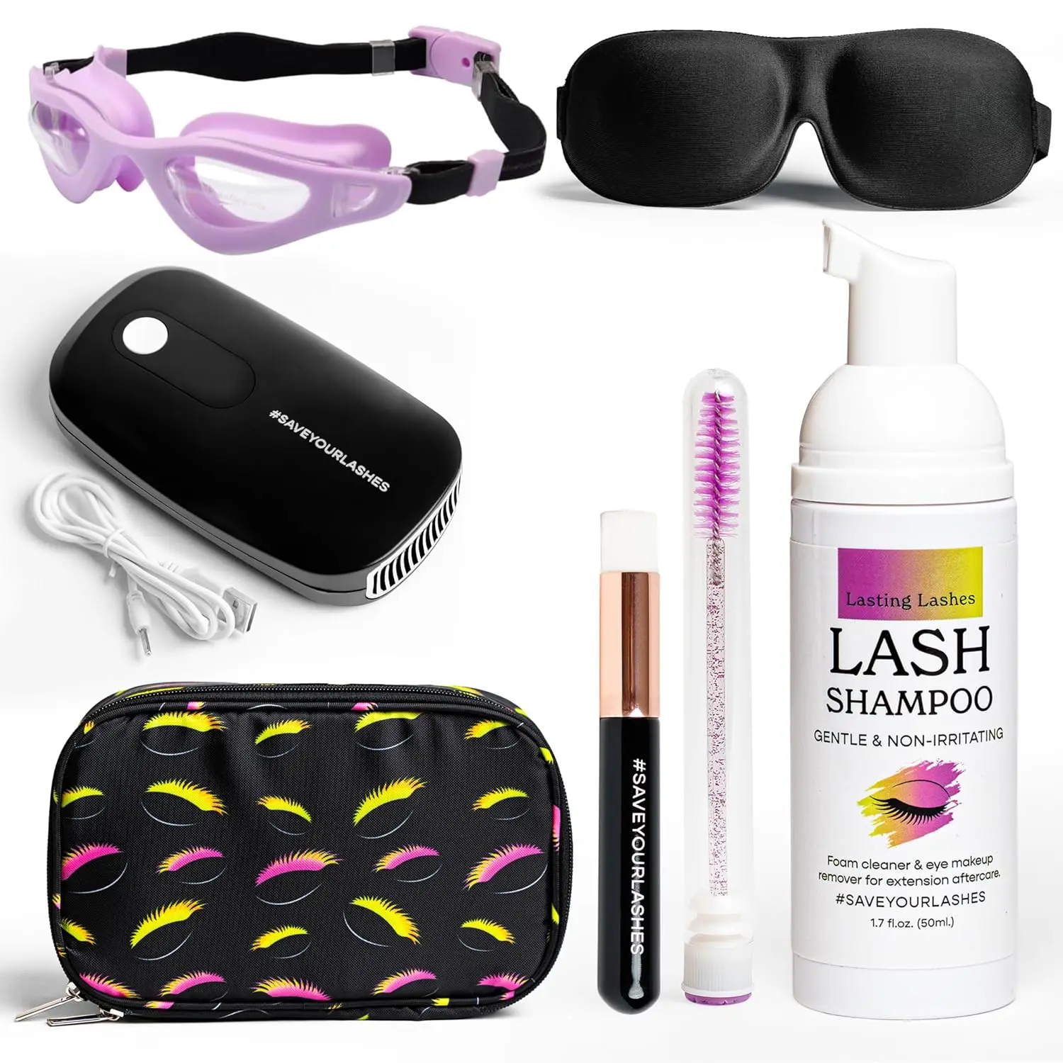 Premium Lash Shampoo Kit Lash Extension Cleaning Care Set with Fan Brush Oil-Free Eyelash Cleanser Goggles Sleep Mask Lash Bath Aftercare System