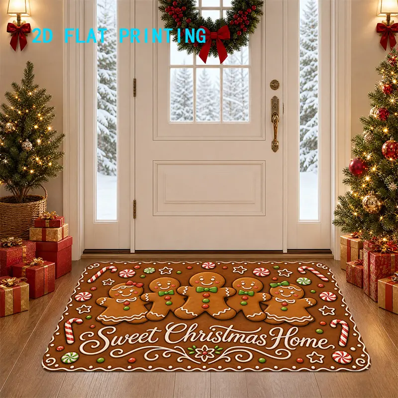 Flannel Floor Mat 1pc, 2D flat printing, Christmas Gingerbread Man themed floor mat, festive cozy home carpet, colorful and non-slip, machine washable carpet, suitable for home decoration, entryway, hall, bathroom, and balcony