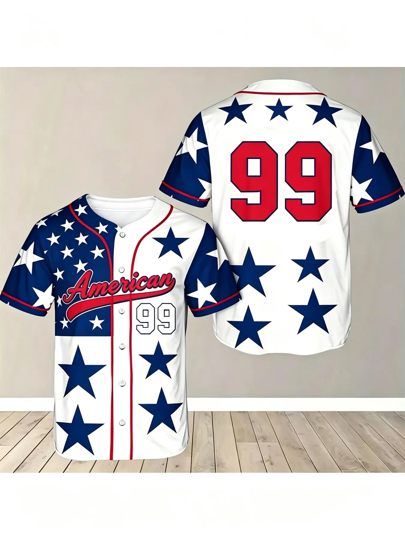 White base with red contrasting trim, American-style star short-sleeved baseball jacket; unisex loose-fitting casual sports baseball top with red, white, and blue star stripes., Ideal for Games & Daily Wear，Tiktok shop deals today，Baseball Jacket for men