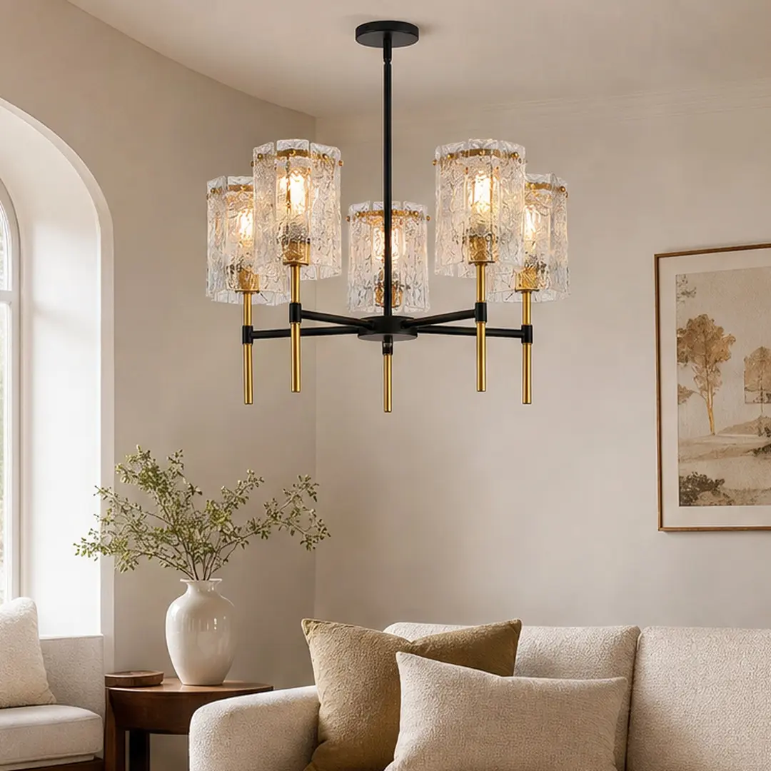 Modern 5-Light Black and Gold Chandelier Pendant Light with Textured Water-Ripple Glass Shades, Electroplated Gold Finish, Adjustable Height, E26 Base, for Living Room Dining Room Entryway, Bulbs Not Included, Black/Gold Color Options