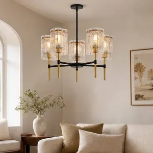 ARCH Modern 5-Light Black and Gold Chandelier Pendant Light with Textured Water-Ripple Glass Shades, Electroplated Gold Finish, Adjustable Height, E26 Base, for Living Room Dining Room Entryway, Bulbs Not Included, Black/Gold Color Options